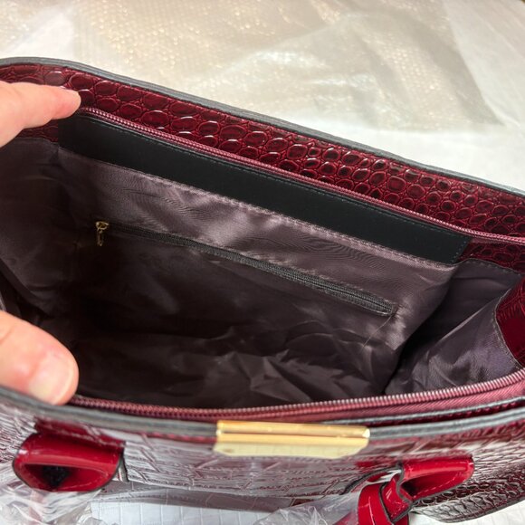 Burgundy and Red Faux Crocodile Embossed patent leather top handle Crossbody Bag - Picture 8 of 16